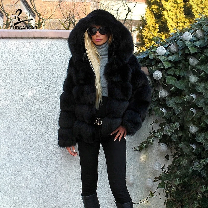 

FURSARCAR Black Genuine Real Fox Fur Hooded Coat Female Thick Warm Winter Outwear For Women Natural Fur Fashion Luxury Jacket