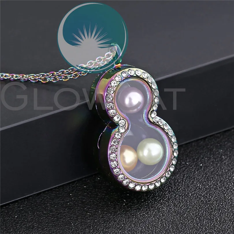 

Rainbow Rhinestone Necklace Infinity Number 8 Glass Living Memory Photo Floating Lockets Pendant Steel Chain Charm Necklace