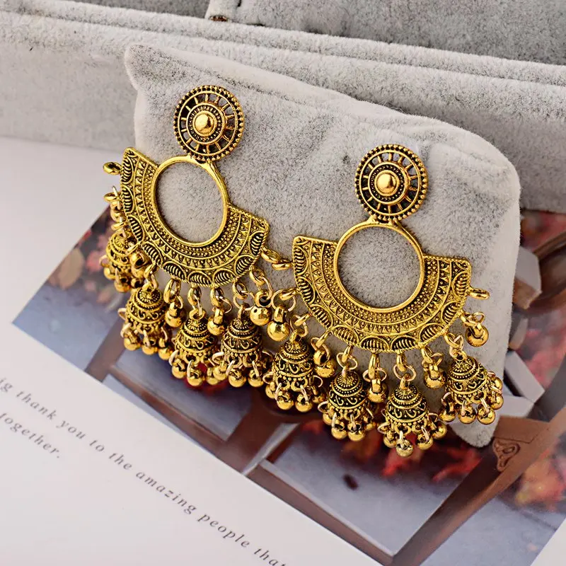 Женские винтажные сережки с кисточками OIQUEI золотистого сплава Jhumka индийский