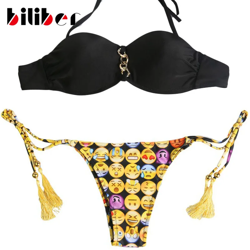 Tassel Fringe Emoji Bandeau Bikinis Womens Emoticon Bathing Suit String Petit Print Bikini