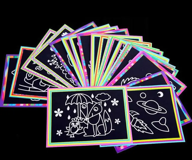 10 pcs 13x 9.8cm Scratch Art Paper Magic Painting Paper with Drawing Stick For Kids Toy Colorful Drawing Toys 3