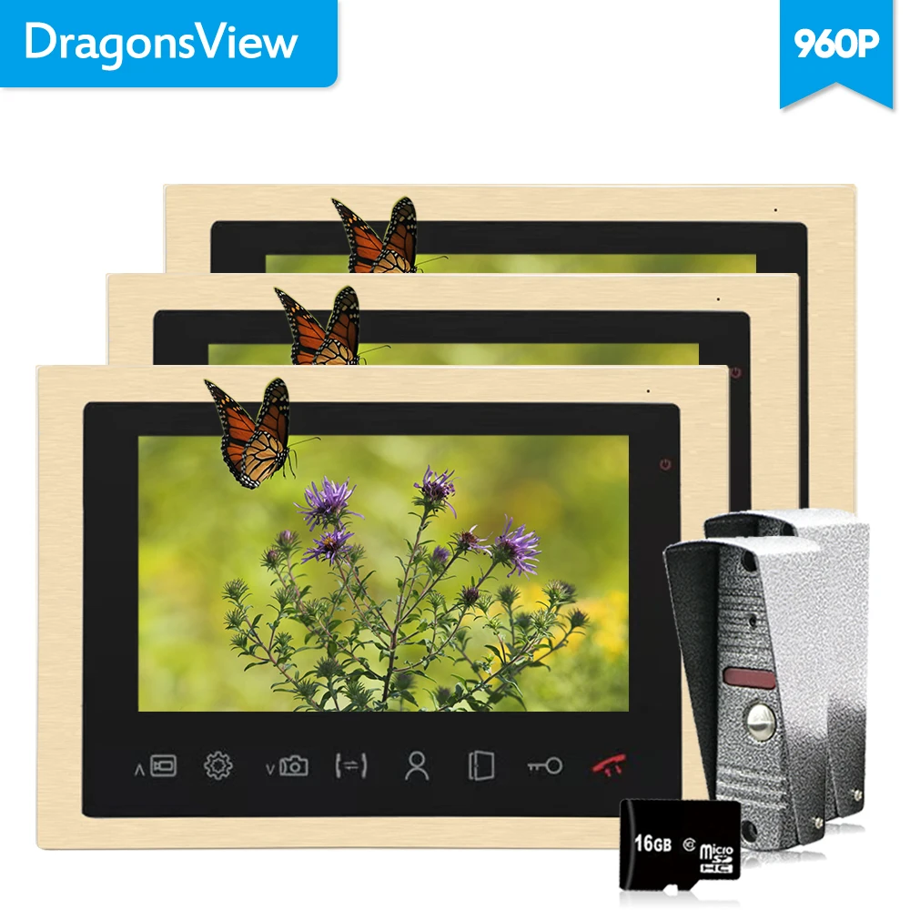 Dragonsview 960 P дверной звонок цветной видео дверной домофон дверной звонок Система 10 дюймов монитор 3V2 Золотой датчик движения AHD HD изображение