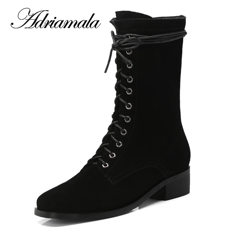 2018 Genuine Leather Ladies High Heel Boots Round Toe Square Heel