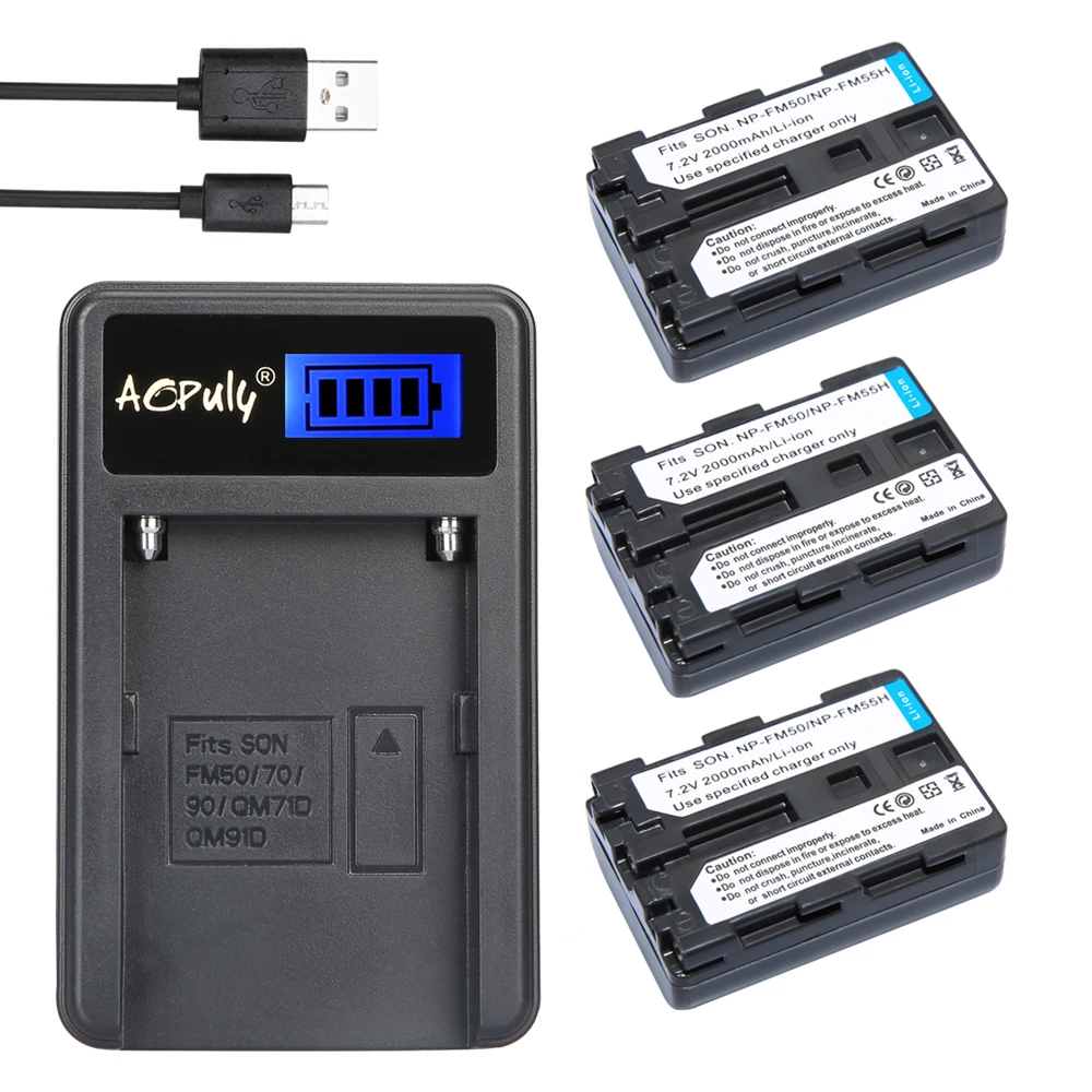 AOPULY 3 шт. батарея + ЖК USB зарядное устройство NP FM50 аккумуляторная для камеры Sony FM51