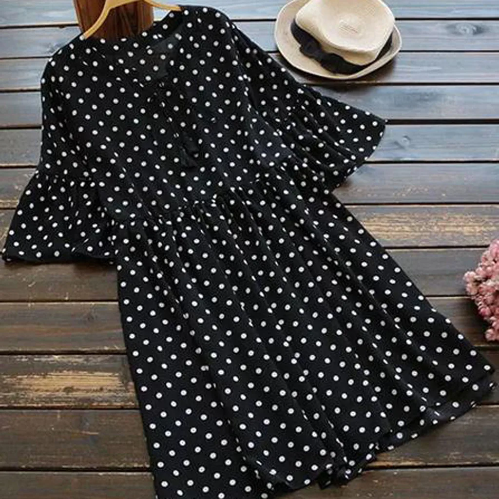 

Summer Fashion Dress Women Casual Loose Polka-dot Short Flare Sleeve Tassel V Collar Mini Vestidos Comfortable Chiffon OY41*