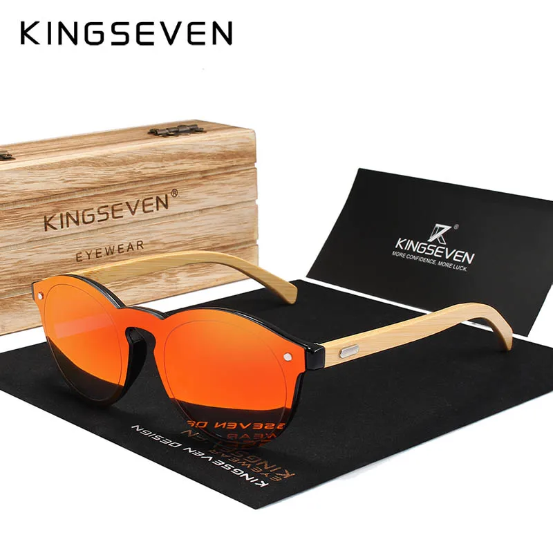 KINGSEVEN натуральные бамбуковые солнцезащитные очки с защитой от УФ защитные очки, деревянные солнцезащитные очки, фирменный дизайн, солнцезащитные очки с Деревянный чехол - Цвет линз: RED Bamboo