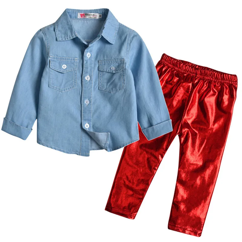 

Spring Baby Girl Casual 2Pcs Clothes Sets Kids Long Sleeve Denim Shirts + Shiny Leggings Pant 2Pcs Baby Girl Clothes Set