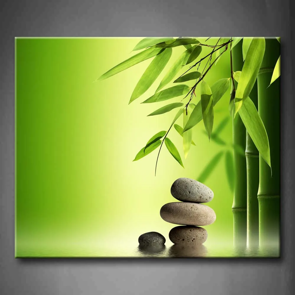 

1 Pic Framed Wall Art Pictures Green Spa Bamboo Zen Stone Canvas Print Botanical Posters With Wooden Frames For Decor