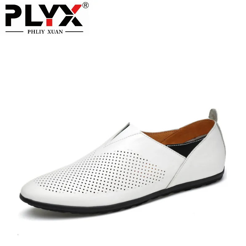 

PHLIY XUAN 2019 New Style Men Summer Shoes Genuine Leather White Comfortable Breathable Moccasins For Men Plus Size 38-45