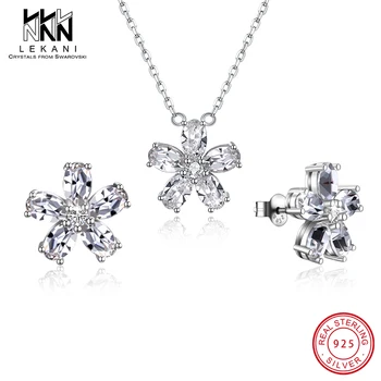 

White Crystal From Swarovski Flower Jewelry Set Stud Earrings Women Lovely Pendant Necklace 925 Silver Top Quality Engagement