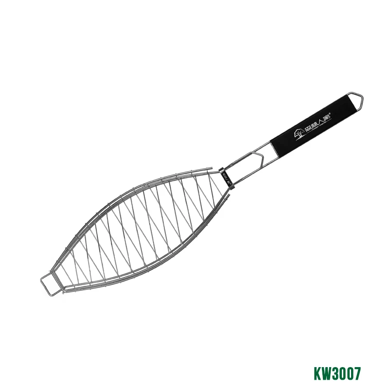 Hot selling 1 pcs Durable One Fish Grilling Basket w/ Black Wood Handle Fish Grill Rack BBQ Grill Basket for Single KW3007