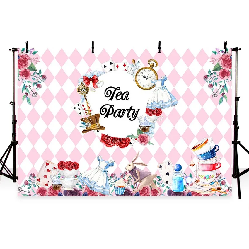 

Colorwonder Alice in Wonderland Pink Rose Blue Cups Photo Background Retro Clock with Playing Cards and Flower Backdrop for Kids
