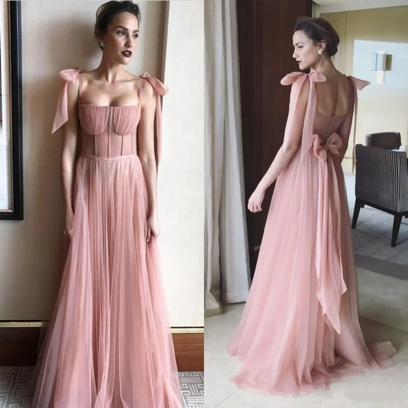 

Robe De Soiree Sexy Backless Long Evening Dress 2019 Simple Pink Sweep Train Tulle Formal Evening Party Gowns with Bow