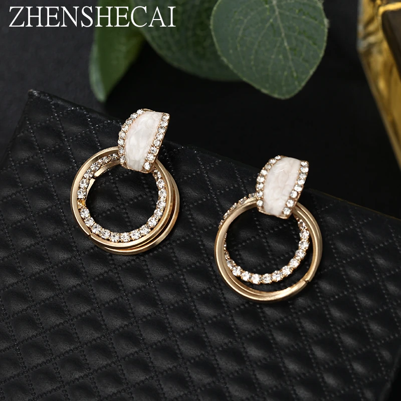 

Luxury Rhinestone Inlaid Gold Color Metal Loops Drop Earrings Double Circles Pendant Dangle Earrings Women Party Jewelry 2019