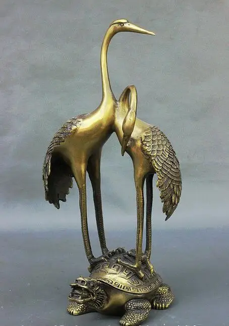 

14" Chinese FengShui Pure Bronze Longevity crowned Crane Dragon Turtle Statue