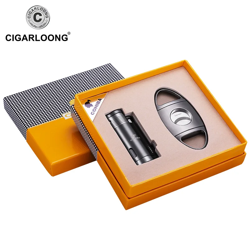 

COHIBA Windproof 3 Torch Jet Blue Flame Butane Gas Metal Cigar Lighter with Cigar Cutter Gift Set CQ-0114