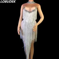 Длинные кисточки Bling Стразы платье без рукавов пикантные Современные Танцы для женщин певица сценический костюм вечерние для вечеринок и