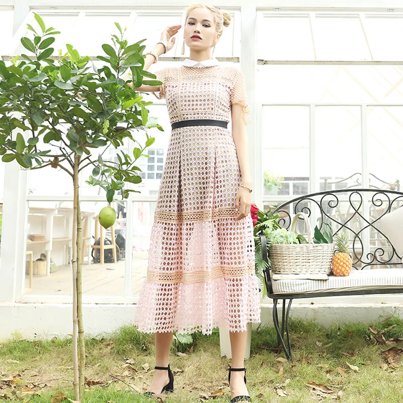 European street style women's 2019 summer elegant lace hollow short sleeve cute long dress slim dresses