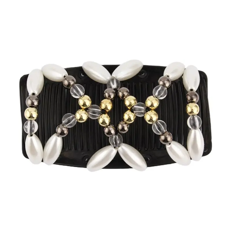

Ladies Women Elastic Hairpin Stretch Double Magic Hair Comb Handmade Beaded Hair Clip Bun Maker DIY Styling Tool 3 Colors