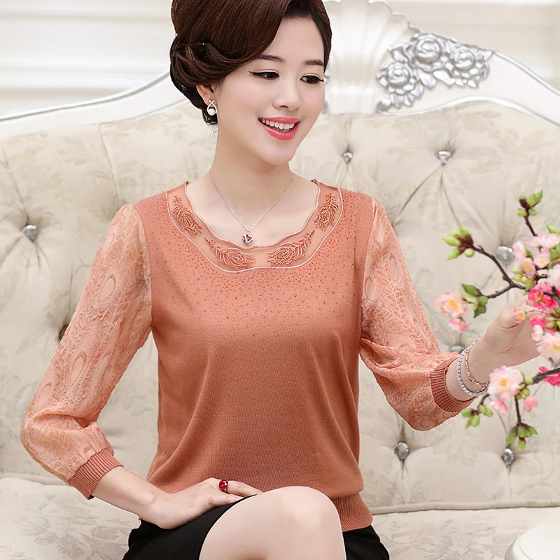 

2018 Spring Summer New Brand Middle Aged Women Fashion Knitted T-Shirts Lace Sleeves High Quality Pullover Tops & Tees T7