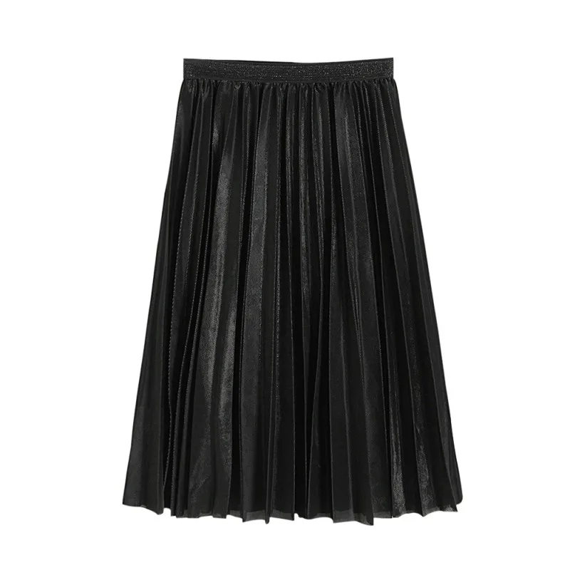 Модная женская юбка цвета металлик, серебряная юбка миди, высокая талия, длинная юбка, металлик, плиссированная юбка, вечерние, для клуба, женская одежда