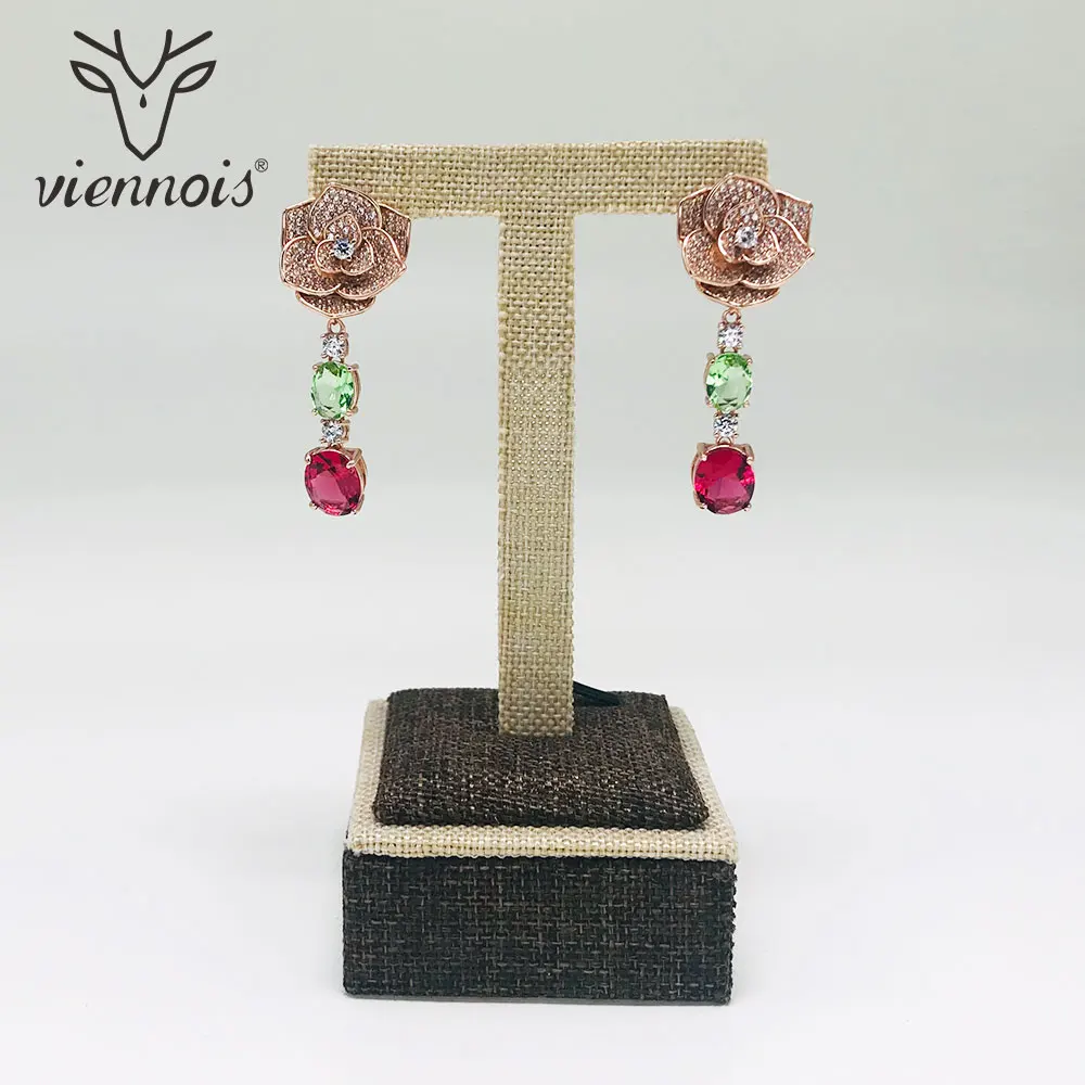 Женские серьги капельки Viennois розовый золотистый/серебристый AAA синий