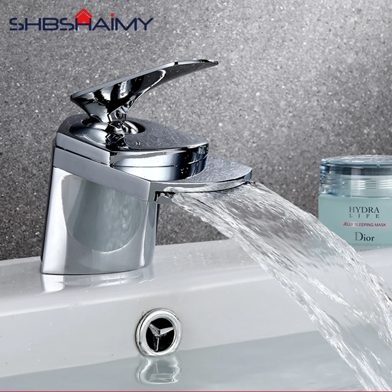 

Chrome Polished Waterfall Bathroom Basin Faucet Cold and Hot Water Mixer Single Handle Single Hole Water Tap