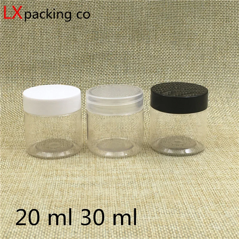 

50 pcs Free Shipping 20 ml 30 ml Empty Clear Transparent Plastic Cans For Spices Storage Butter Cream Sample Pack Containers