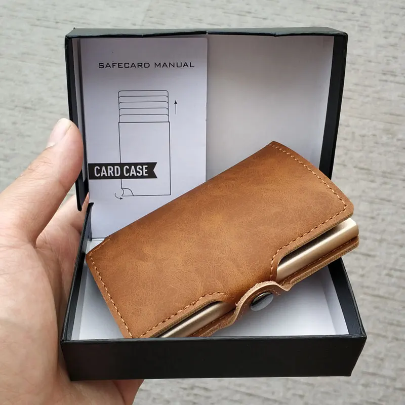 RFID винтажный кожаный кредитный держатель для карт для мужчин алюминиевый сплав Автоматическая застежка Бизнес ID многофункциональный держатель для карт кошелек - Цвет: light brown