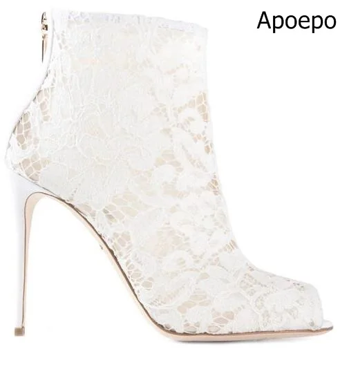 Lace Design Spring Winter Wedding Women Peep Toe Zipper Shoes Solid White Red Thin High Heels Sweet Fretwork Ankle Boots Women Women's Shoes