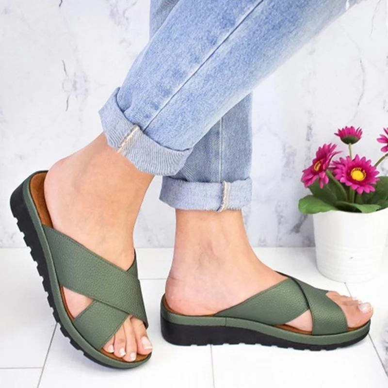 Летние женские удобные туфли из искусственной кожи; женские сандалии на плоской платформе; мягкие ортопедические повседневные сандалии с большим носком - Цвет: green
