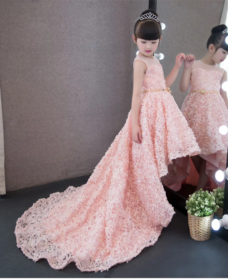 Королевское Платье принцессы с длинным шлейфом; платье с цветочным узором для девочек; Свадебное бальное платье без рукавов; Детские нарядные платья для дня рождения; B39