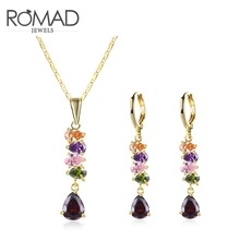 

Creative Fashion Multilayer Color Zircon Drops Jewelry Set Gold Color Pendant Necklace Earrings Set For Woman