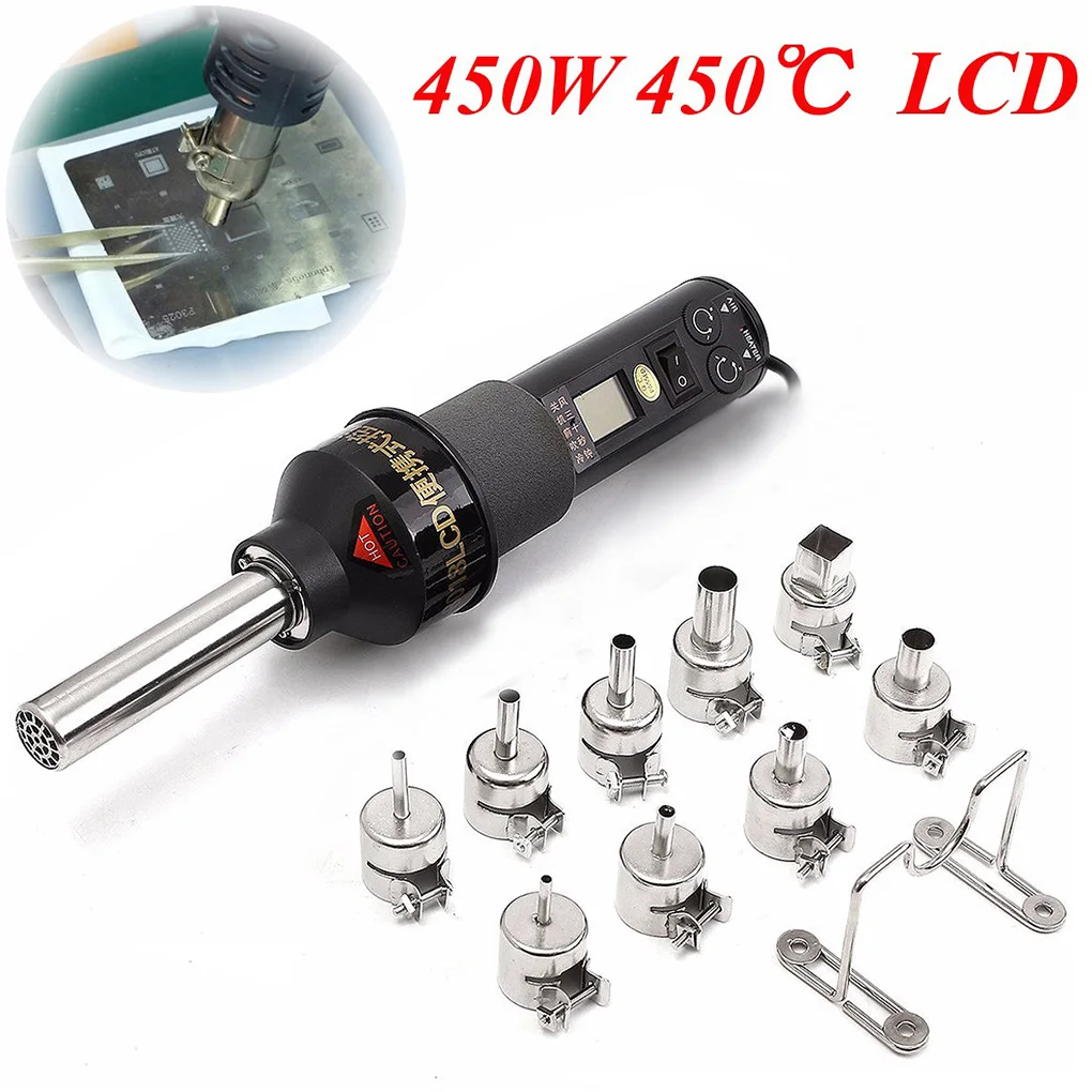 

220V 450W Electronic Heat Hot Air Solder Tool EU Plug Desoldering Soldering Station and 9 Nozzle
