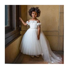 White Princess Girls Pageant Gown Sheer Neck Flower Feather Cap Sleeve Flower Girl Dresses For Wedding Baby Birthday Party Dress