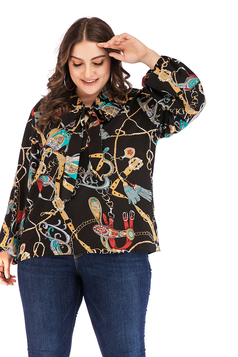  Fashion womens tops 2019 casual loose plus size 3XL 4XL print chiffon shirt long sleeve women shirt