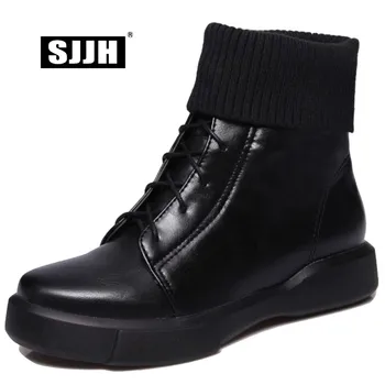 

SJJH Women Flat Ankle Boots with Round Toe Knitting Lace-up Short Chelsea Boots Winter Fashion Casual Shoes Large Size A1083