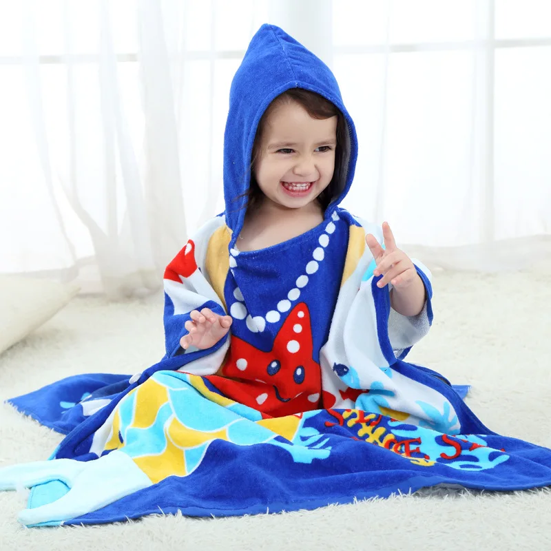 Весенний детский банный халат с капюшоном, полотенце для мальчиков и девочек, милые хлопковые пеньюары домашний халат для малышей, домашняя одежда, купальные халаты, одежда для сна - Цвет: Синий