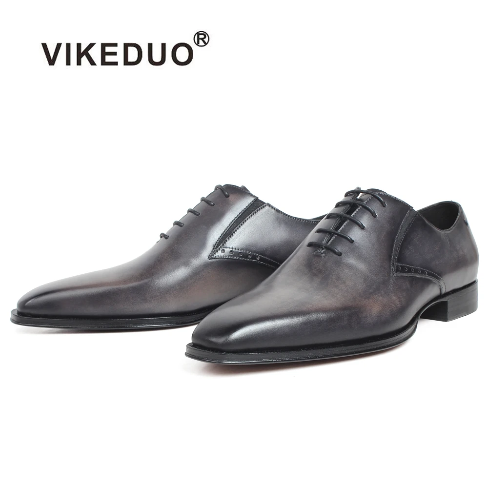 

VIKEDUO Black Gray Patina Handmade Oxford Shoes For Men Genuine Cow Leather Blake Custom Made Wedding Office Dress Men's Shoes