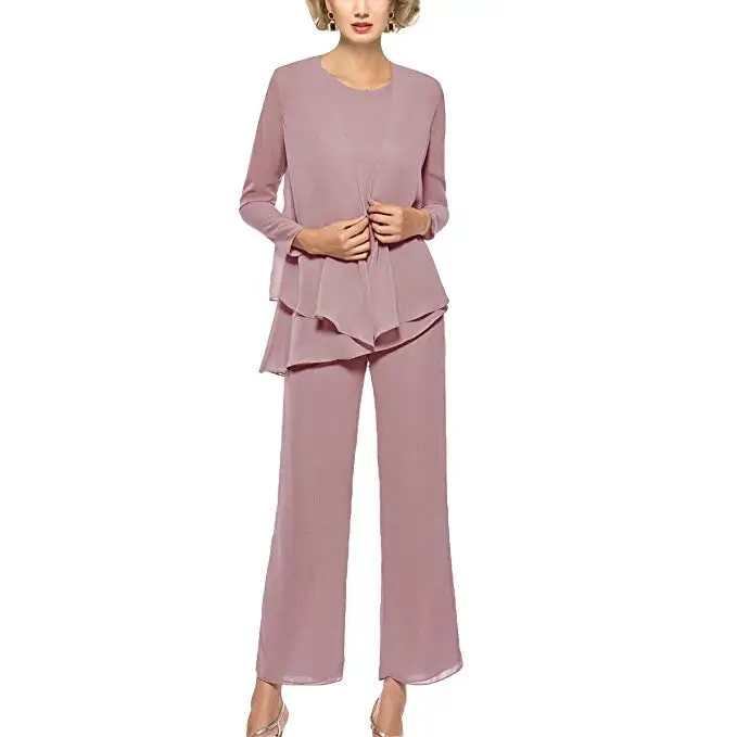 

2019 Elegant 3 Pieces Outfits Formal Long Sleeve Chiffon Mother Of The Bride Dress Pant Suits With Jacket Vestido Madrinha