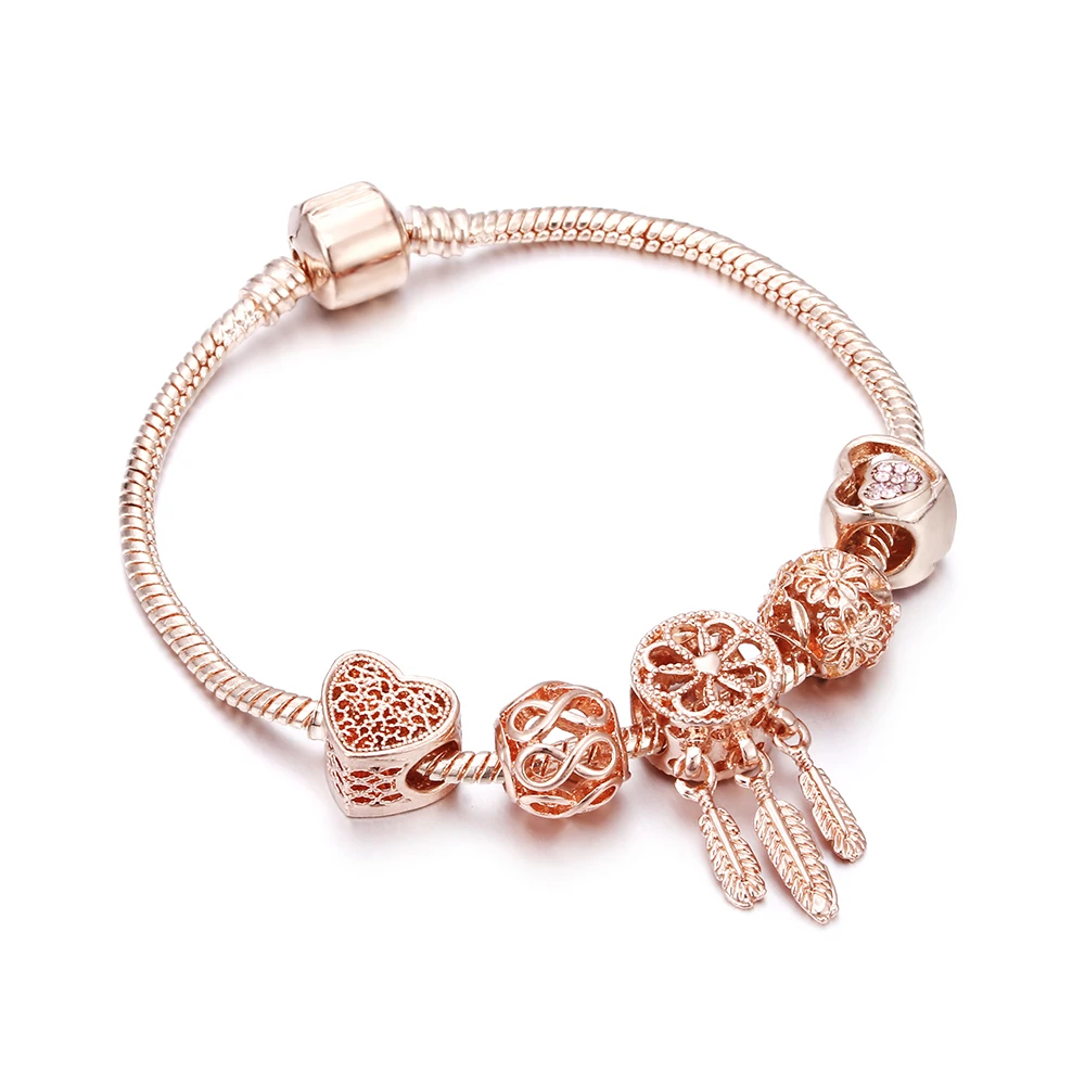 

Newest Rose Gold Plating Charm Brand Bracelet For Women Crystal Beads Dreamcatcher Charm Pan Bracelets & Bangles Pulseras Mujer