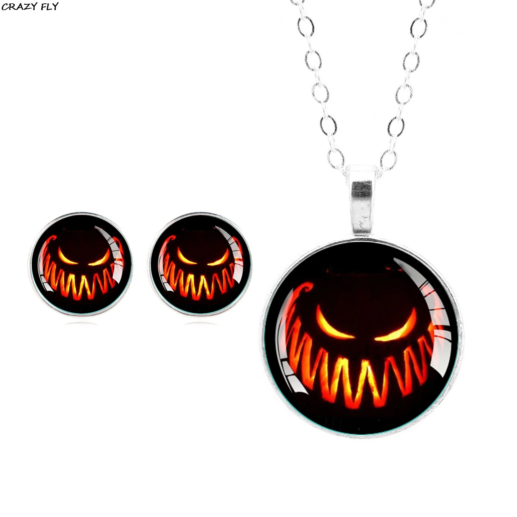 

CRAZY FLY Halloween Patterns Glass Cabochon Sliver Chain Necklace Jewelry Set For Women Earrings Party Accessories Gift