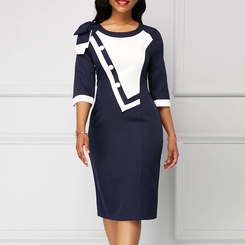 

Women Office Dress Elegant Chic Vogue Contrast Color Round Neck Seven-point Sleeves Bodycon Hips-wrapped Knee Length Dress