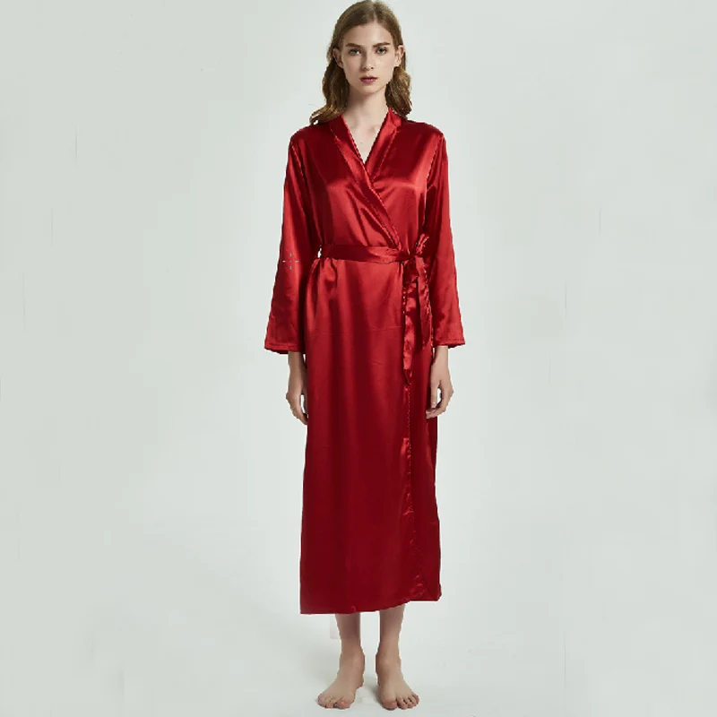 

Ladies Long Silk Satin Night Robe Full Sleeve Kimono Robe Solid Bathrobe Fashion Dressing Gown For Women