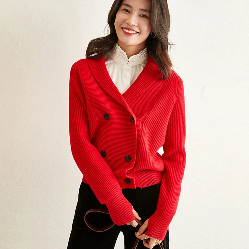 100 Cashmere Cardigans Women Knitwear Coat Solid Shawl Neck Double