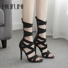 Plus Size Fashion Strap Black Women's Sandals 2019 New Women's Shoes Elasticity Roman High Heels Sexy Zipper High Top Shoes mature temptation mysterious sexy fashion ultra high documentary shoes black roman style hollow out super high heels