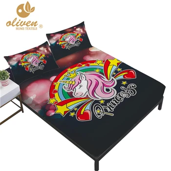 

Girl Sweet Unicorn Sheet Set Kids Colorful Cartoon Rainbow Print Fitted Sheet Flat Sheet Bed Linens Twin Full Queen King Bedding