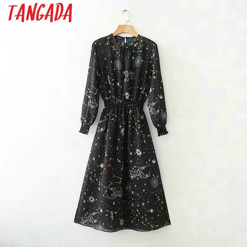 Tangada черное платье с длинным рукавом платье длина миди платье ниже колена платье с дилнным рукавом платье с О-образным вырезом платье с цветочным принтом платье с цветами платье ниже колена XD98