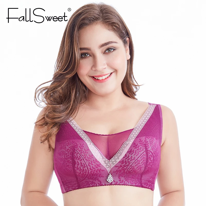 

FallSweet Plus Size Vest Bra No Wire Lace Brassiere with Mesh Wide Strap Soft Women Lingerie C / D Cup 34 to 52