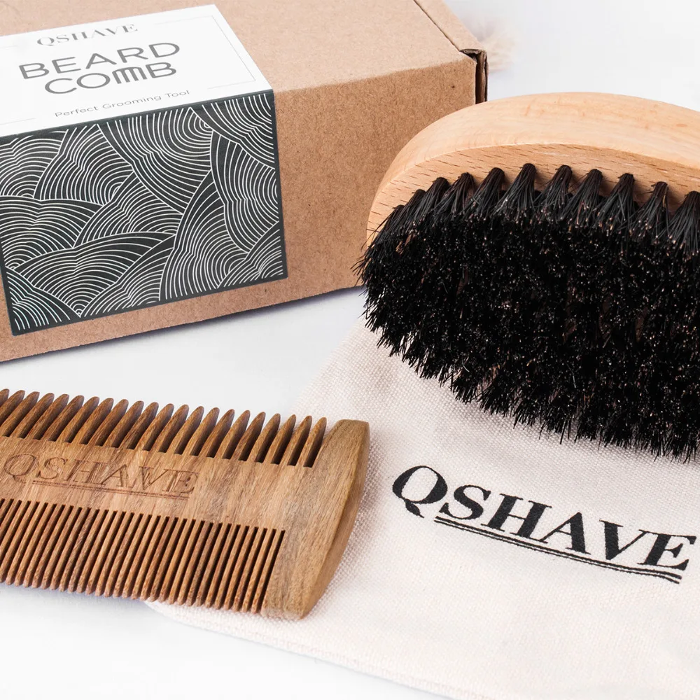 QSHAVE, натуральная щетина кабана, щетка для бритья бороды, усы, Мужская щетка для бороды, инструмент для ухода за бородой, 10,8 см, 1 щетка и 1 расческа